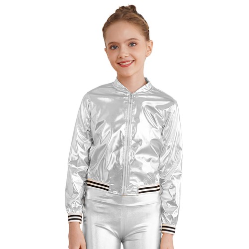 Kids Girls Long Sleeve Outerwear Zipper Closure Striped Edge Bronzing Jacket - Picture 7 of 122