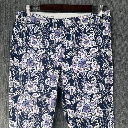 Talbots Perfect Crop Curvy Pants Women 8 Blue White Paisley Print Chinos Casual - Picture 2 of 19