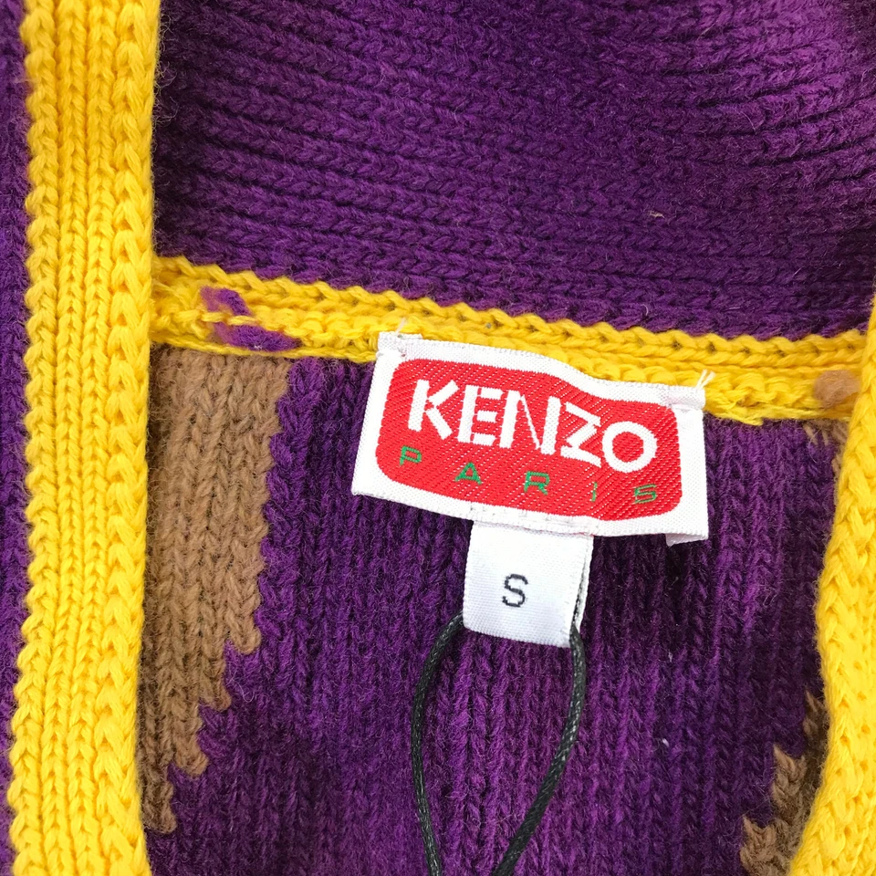 Suéter Kenzo Mujer Pequeño Ondulado Rayas Cárdigan Púrpura Amarillo Marrón Lana Grueso Foto 3 de 4