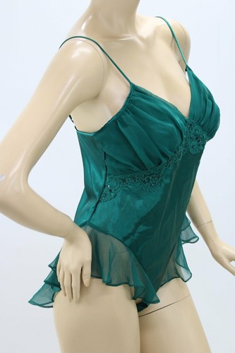 Vtg Victorias Secret Teddy Medium Hi Legs Slip Camisole Green Bling Shiny Satin - Picture 5 of 8