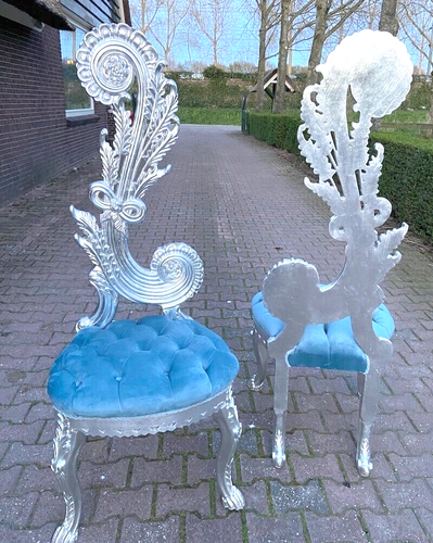 Chairs Italian Rococo Silver Leaf Beechwood Blue Velvet Upholstered Vintage Pair - Picture 9 of 13