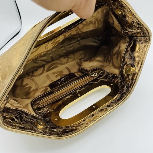 Michael Kors Clutch Handtasche Berkeley Metallic Gold Leder Handtasche Animal Print - Bild 8 von 10