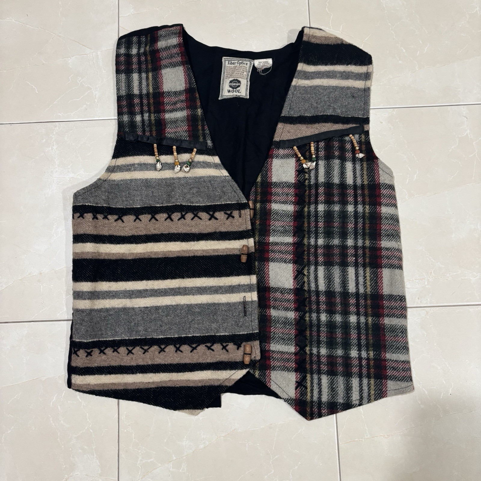 Vintage 90s Wool Sweater Vest Plaid Seashell Womens M Fiber Optics Y2K Rare Gorp