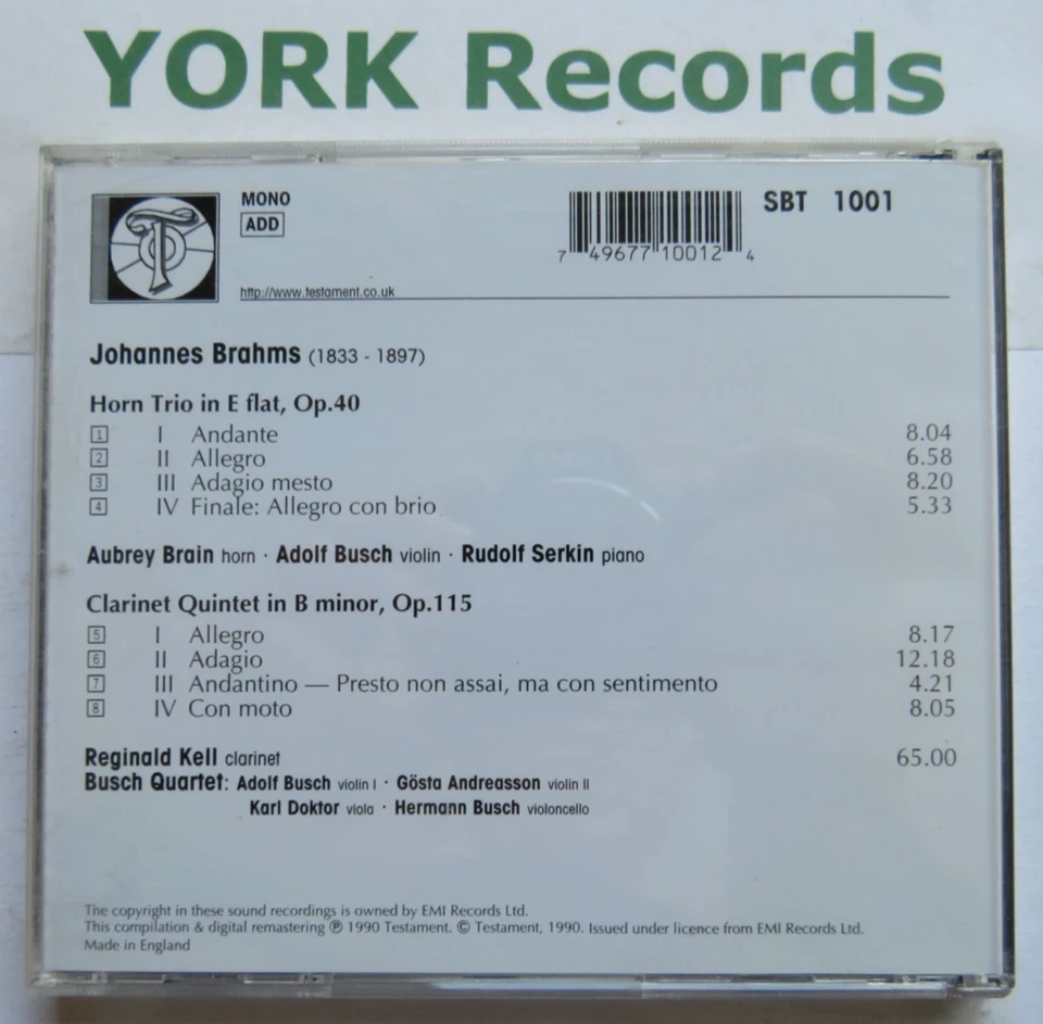 BRAHMS - Horn Trio / Clarinet Quintet BRAIN / KELL Busch Trio - Ex CD Testament - Image 2 of 3