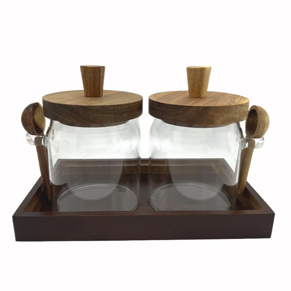 Glass Jars with Brown Wooden Lids and Scoop, Airtight Food Storage Containers...