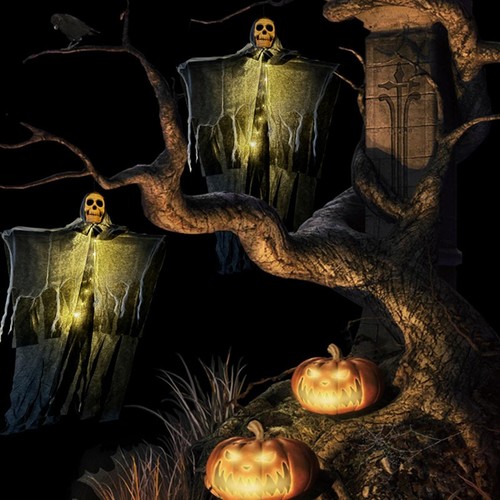 Hängendes Gespenst Halloween Requisite beleuchtet Totenkopf Skelett gruselig Outdoor Deko 85 cm - Bild 6 von 14