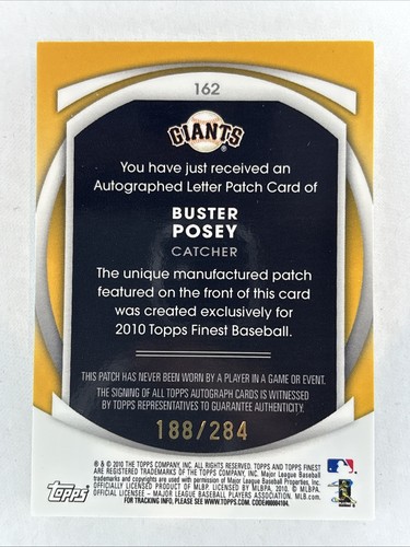 2010 Finest Buster Posey AUTO Rookie Letter Patch RC 188/284 (P) Giants - Picture 2 of 5