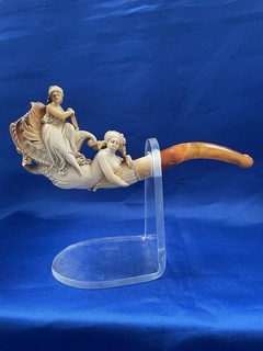 Antique Carved Meerschaum & Amber Pipe of Two Selkies