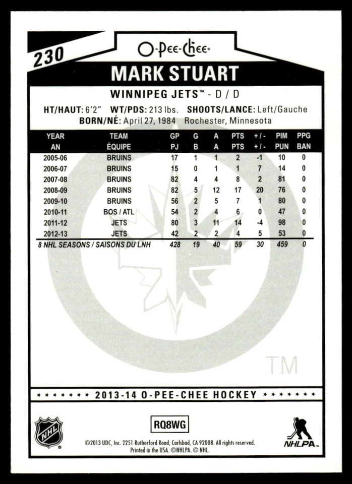 2013-14 O-Pee-Chee Rainbow Mark Stuart Winnipeg Jets #230 - Image 2 of 2