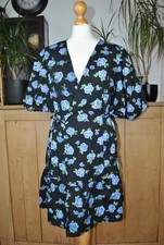 Mystic Threads Wrap Mini Dress Size M Black Blue Floral Print Cotton Puff Sleeve
