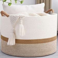 New Large Blanket Basket, 20"x13" Woven Storage Basket With Handle, Cotton