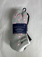 New Tommy Hilfiger Socks Girls 6 Pair White,Black & Gray No Show Kids Sz Large