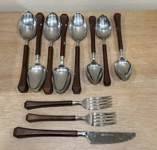 11pc Vtg Ekco Eterna Canoe Muffin MCM Flatware Japan Brown Handle Square