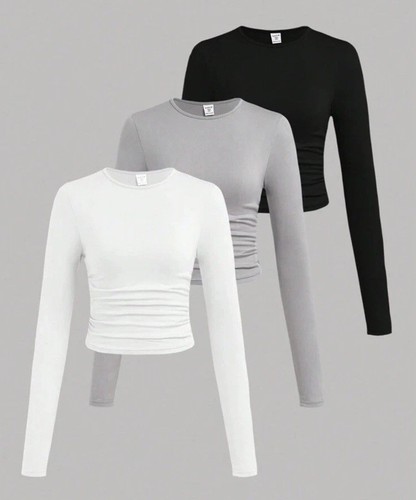 Teen Girl Knit Solid Color Round Neck Ruched Long Sleeve T-Shirt 3pcs/Set  - Foto 1 di 7