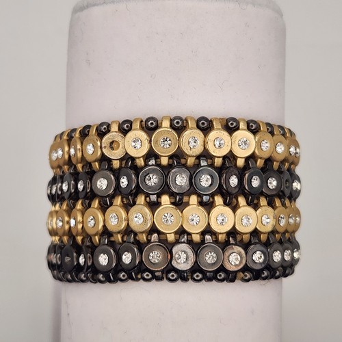 Roxanne Assoulin Rhinestone Studded Gun Metal & Gold Wide Stretch Cuff Bracelet - Picture 4 of 7
