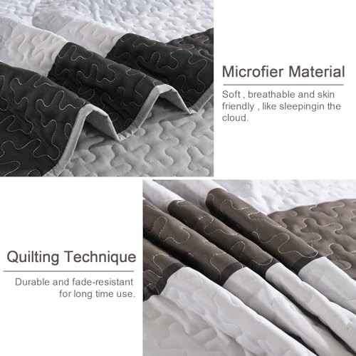 Grey Boho Quilt Set Queen Size,Spring Gray Bedding Sets Striped Patchwork - Picture 6 of 7