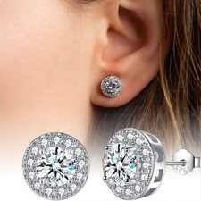925 Sterling Silver Stud Earrings Round Faux Diamond Halo Earrings Women Girls