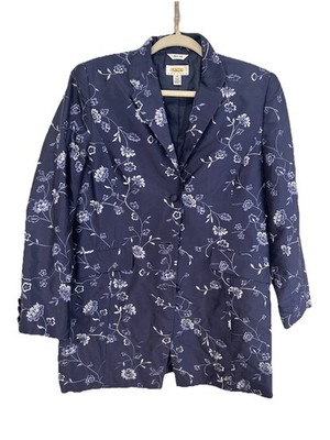 Talbot s Petites Size 10 Floral Embroidered Blue Silk Jacket w/ Covered Buttons