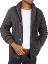Mens Shawl Neck Cardigan Sweater Cable Knit Button Up Medium Y Dark Grey