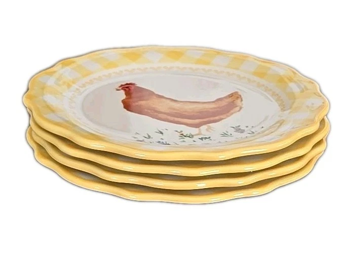 四 (4) 先锋女人 ~ 黄色 ~ 格子边带鸡 ~ 7 英寸石器盘 — 第 3/4 张图片