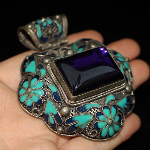 Chinesischer alter handgefertigter alter tibetischer Silber Cloisonne Intarsien Zirkon Anhänger - Bild 2 von 9