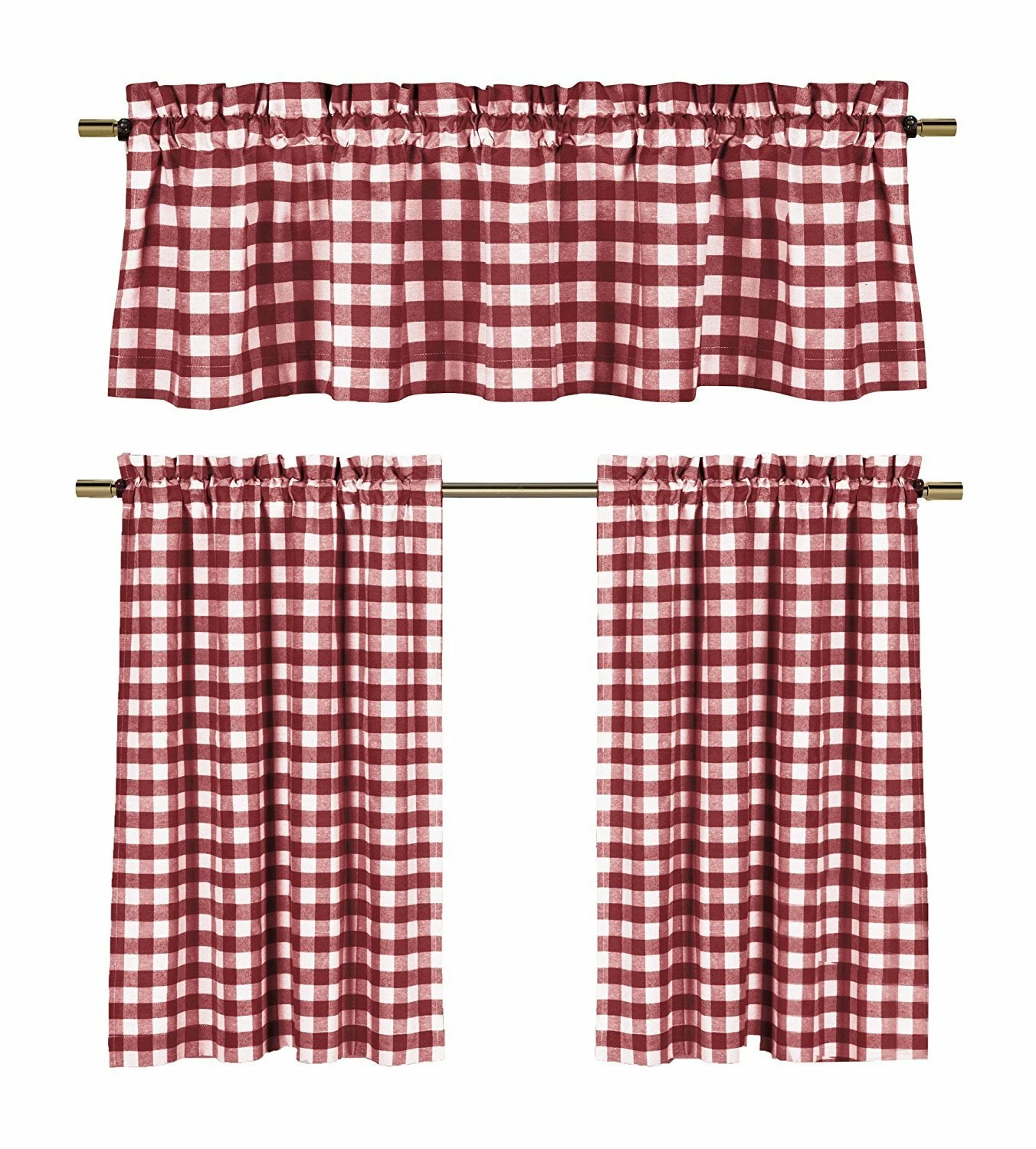 Poly Cotton Gingham Checkered Plaid Design 3-Piece Kitchen Curtain Valance Set