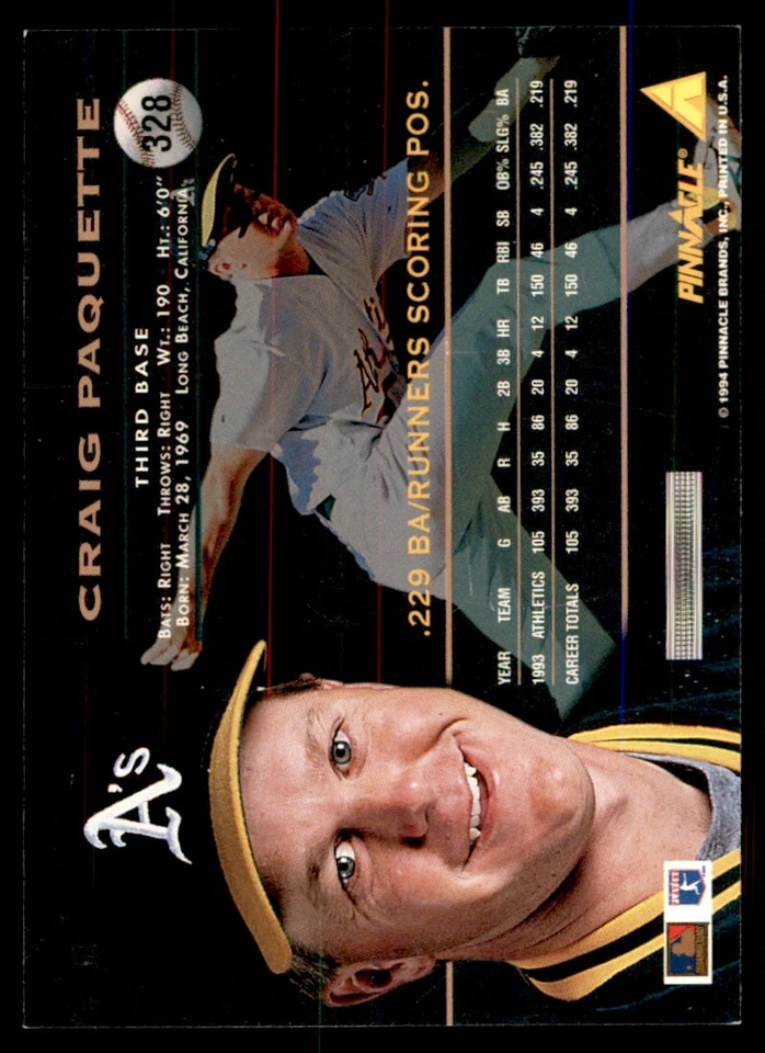 1994 PINNACLE CRAIG PAQUETTE OAKLAND ATHLETICS #328 - Image 2 of 2
