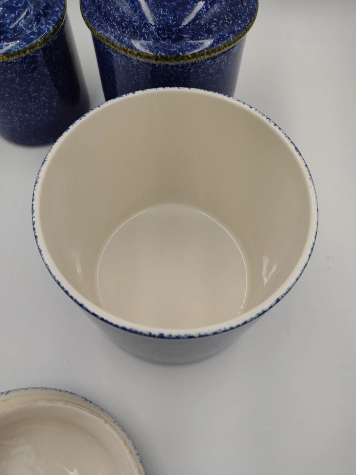 Set Of 3 Over And Back Inc Blue Cobalt Speckled Ceramic Canisters W Lid Portugal - Image 4 of 4