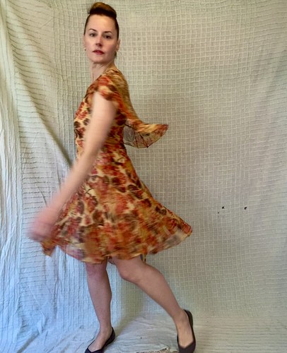 1920s Vintage Antique Orange Floral Silk Chiffon Flapper Dress Lace Capelet S/M - Picture 4 of 12