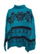 Vintage 80s Gitano Teal Turtleneck Sweater With Aztec Pattern - Size L - Acrylic
