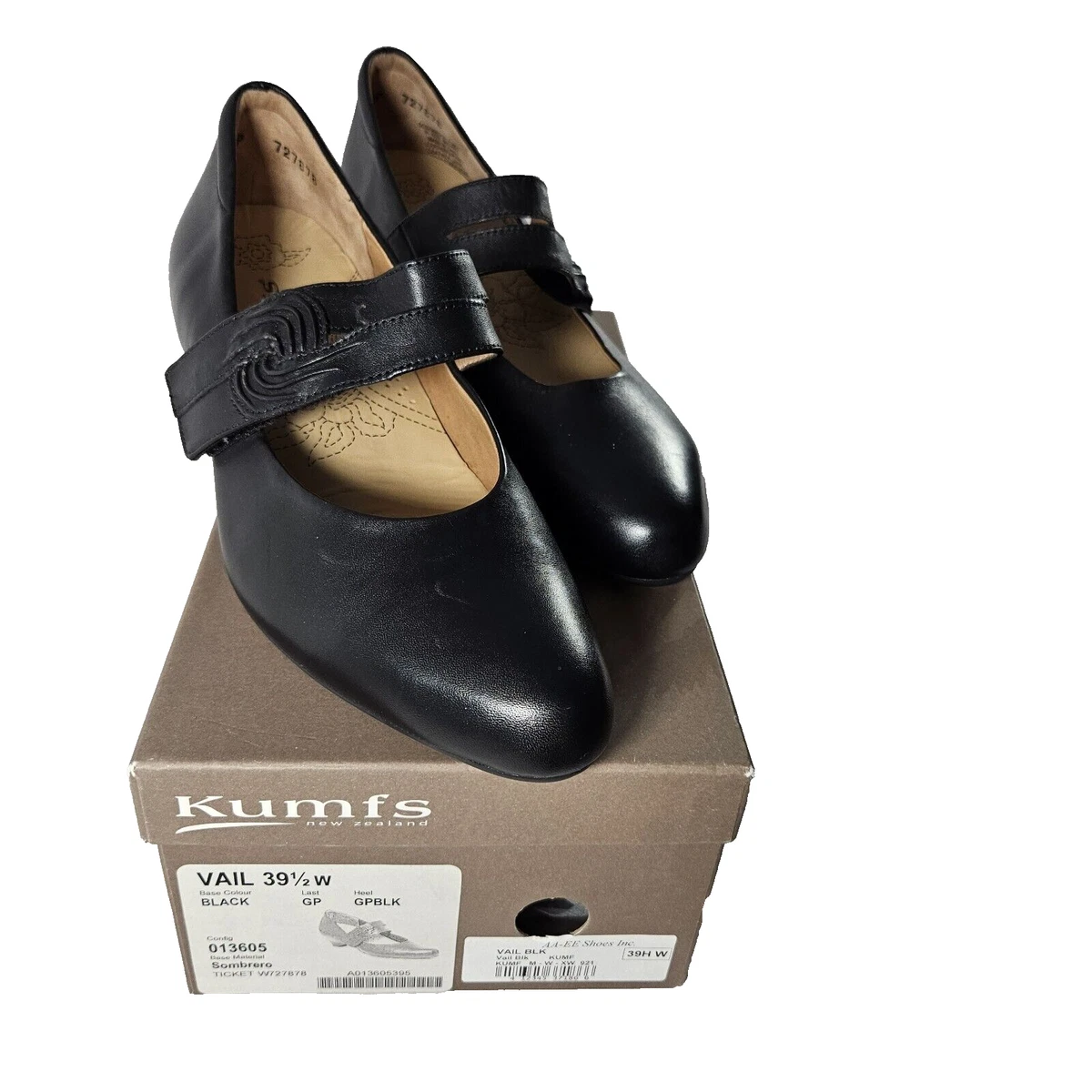 Kumfs Ziera Black Vail Mary Jane Heel UK 39.5 W US 9 Wide Hook and Loop Strap