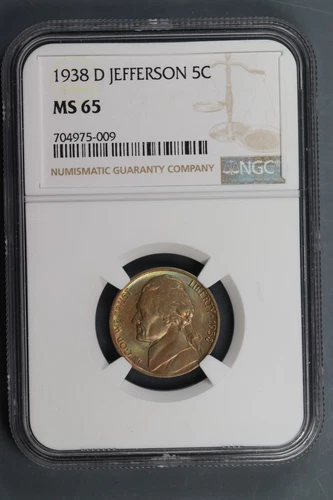 1938-D JEFFERSON 5C NICKEL NGC MS65 COLORFUL TONED FIRST YEAR TYPE SLAB-151