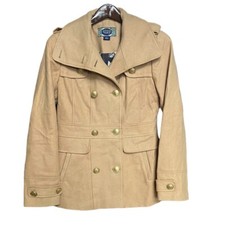Camel Wool Blend Pea Coat Size M Green With Envy Double Breasted Gold Buttons