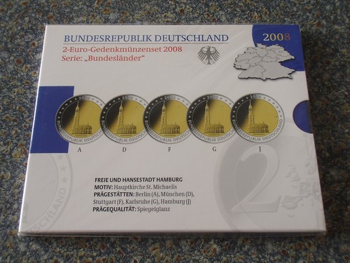 BRD 2 Euro ADFGJ 2008 PP Gedenkmünzenset Bundesländer Michel Hamburg Michaelis
