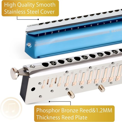 Professional Blue 16 Hole Chromatic Harmonica with Leather Case and Accessories - Picture 5 of 9
