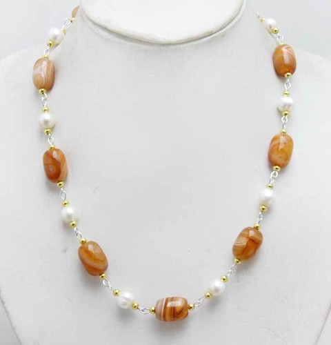 12*16mm Barrel Shape Red Striped Natural Agate & White Pearl 21'' Necklace-n6448 - Picture 6 of 15