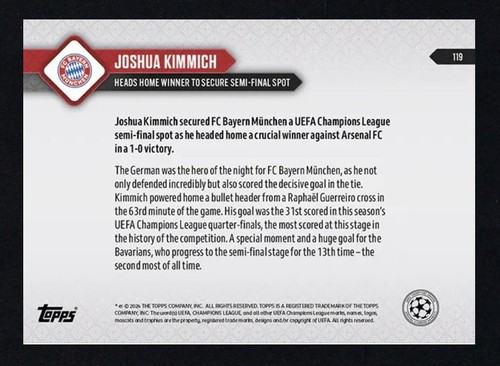 2023/2024 TOPPS NOW UCL ⭐ JOSHUA KIMMICH ⭐ BAYERN MONACO ☄️ N. 119 - Picture 2 of 2
