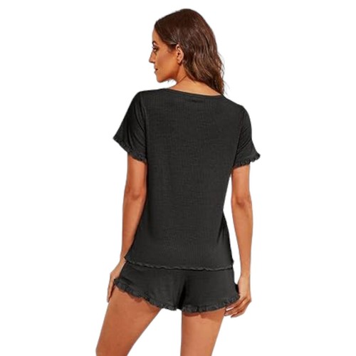 Arwser Women's Pajamas Shorts Ruffle Short Sleeve Set In Black - Size Medium - Picture 4 of 8