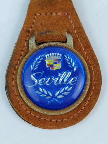 Vintage Cadillac Seville Logo Leather Keychain KeyRing FOB Tab Brown - Picture 2 of 5