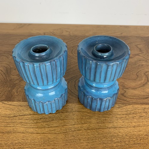 Pair Italian Candle Holder Blue Textured C.10.B Italy MCM Vtg Ceramiche Arno - Picture 2 of 10
