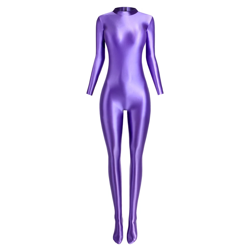 MJINM Women's Stretch Gloss Silky Jumpsuits Sport Bodysuit Short zipper Overall - Picture 20 of 30