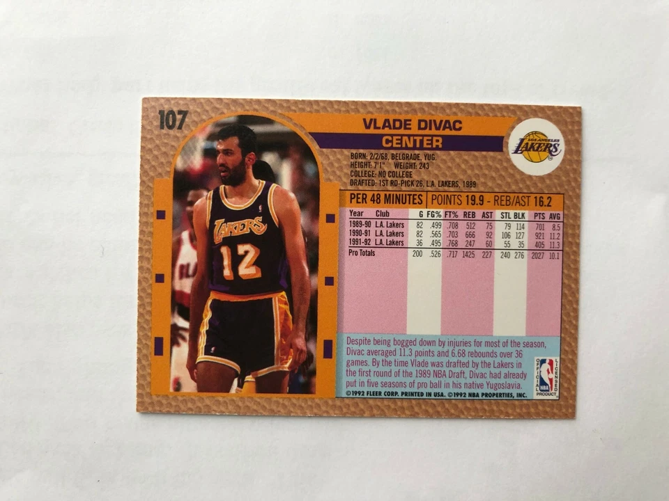 1992 VLADE DIVAC  Fleer  Basketball Card  # 107 Made in USA - Image 4 of 4