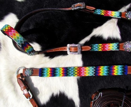 RAINBOW BEADED Bridle Breast Collar Reins Wither Strap 4 piece Leather Tack SET - Picture 2 of 4