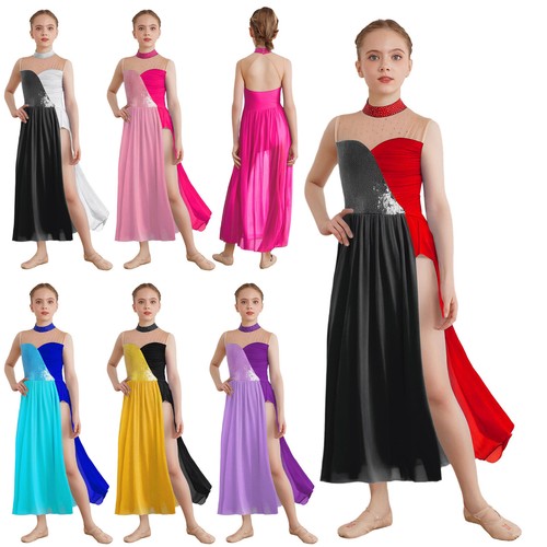 Kids Girls Bodysuit Dance Dress Keyhole Back Unitard Flowy Leotard Competition - Picture 4 of 54