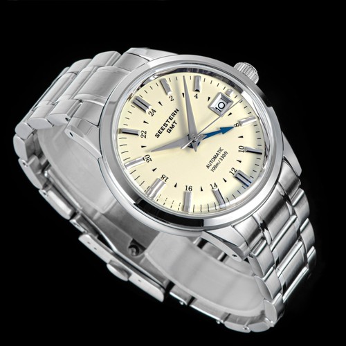 SEESTERN GMT, NH34, Ivory, Domed Sapphire Crystal, Bracelet and Leather, BNIB - Picture 8 of 21