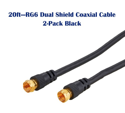 2-Pack -20ft Black RG6 Dual Shield Coax Cable for TV Antenna Satellite Dish DVD