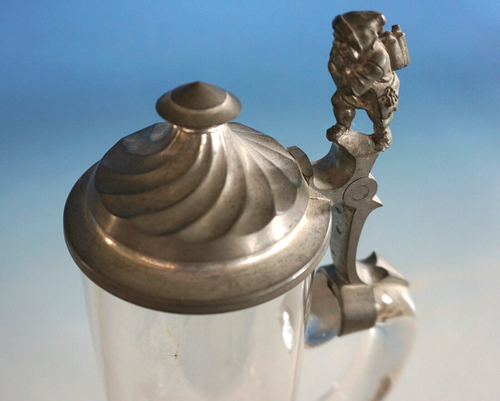 Glas Bierkrug Krug Glaskrug mit Zinndeckel Zwerg Dwarf um 1840 (0624-002) - Bild 2 von 7