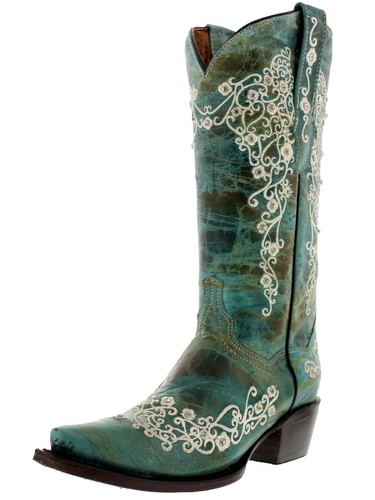 Damen Türkis Westernstiefel Cowboy Elegant Leder Blumen Bestickt Snip Toe - Bild 1 von 6