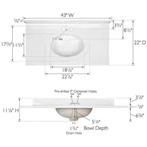 43 in. W x 22 in. D Cultured Marble Vanity Top in Solid White with Solid White B - Picture 2 of 3