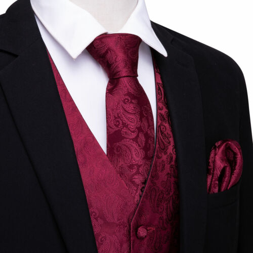 Rojo Paisley Hombres Chalecos Negro Traje Chaleco Conjunto Corbata Vestido de Boda Esmoquin V - Imagen 5 de 88